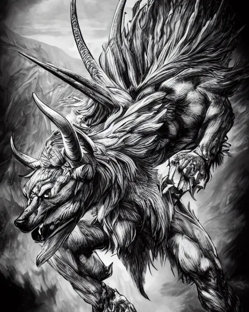 Image similar to A minotaur wolf, full body, black and white, highly detailed, close-up, fantasy art, monster art, in the style of masami kurumada, illustration, epic, fantasy, intricate, hyper detailed, artstation, concept art, smooth, sharp focus, ray tracing