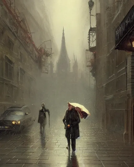 Image similar to a highly detailed epic cinematic concept art CG render digital painting artwork: Victorian London, raining. By Greg Rutkowski, in the style of Francis Bacon and Syd Mead and Norman Rockwell and Beksinski, open ceiling, highly detailed, painted by Francis Bacon and Edward Hopper, painted by James Gilleard, surrealism, airbrush, Ilya Kuvshinov, WLOP, Stanley Artgerm, very coherent, triadic color scheme, art by Takato Yamamoto and James Jean