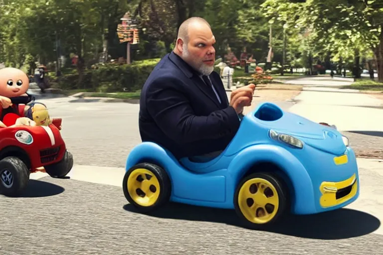 Prompt: vincent d'onofrio as kingpin driving a little tikes cozy coupe, movie still, from the new daredevil movie, 8 k, realistic