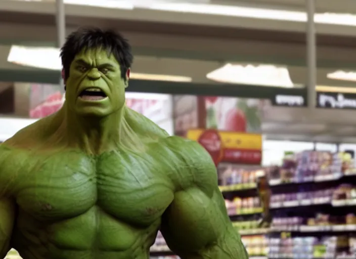 Prompt: film still of hulk working as a cashier in a grocery store in the new avengers movie, 4 k