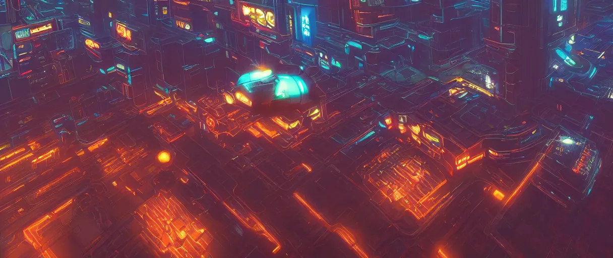 Image similar to an android on a flying motorcycle in a glowing neon cyberpunk retro futurism city at dawn by Ralph McQuarrie, unreal engine, cinematic atmosphere, establishing shot viewed from above