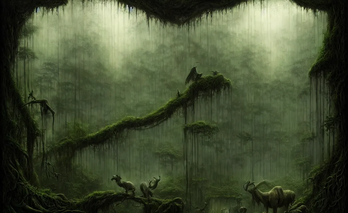 Image similar to epic professional digital art of jungle, faint greenish moody atmospheric lighting, painted, intricate, detailed, detailed, foreboding, by leesha hannigan, wayne haag, reyna rochin, ignacio fernandez rios, mark ryden, iris van herpen,, epic, stunning, gorgeous, much wow, cinematic, masterpiece.