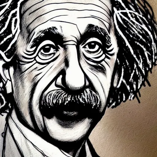 Image similar to a realistic yet scraggly portrait sketch of the side profile of albert einstein, trending on artstation, intricate details, in the style of frank auerbach, in the style of sergio aragones, in the style of martin ansin, in the style of david aja, in the style of mattias adolfsson