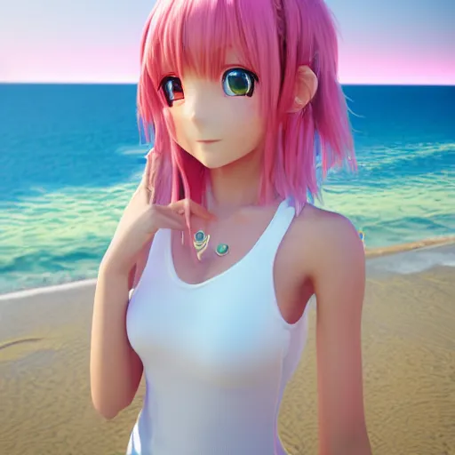 Image similar to Render of a beautiful 3d anime Xbox controller, long pink hair, hazel eyes, cute freckles, full round face, soft smile, cute sundress, golden hour, serene beach setting, medium shot, mid-shot, hyperdetailed, trending on Artstation, Unreal Engine 4k