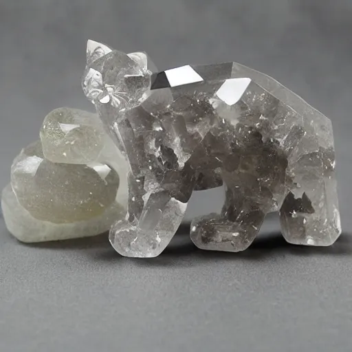 Image similar to Cat made of quartz crystal, faceted, gem quality, living stone, mineral beast, cute, cuddly, wholesome, dazzling, sparkling