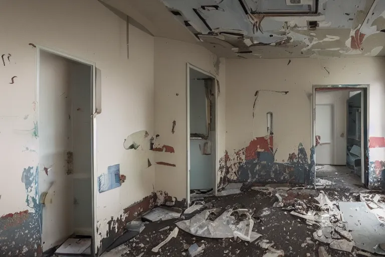 Prompt: photo of an abandoned hospital, operating theater, paint peeling off the walls, a ghost of a nurse, 35mm