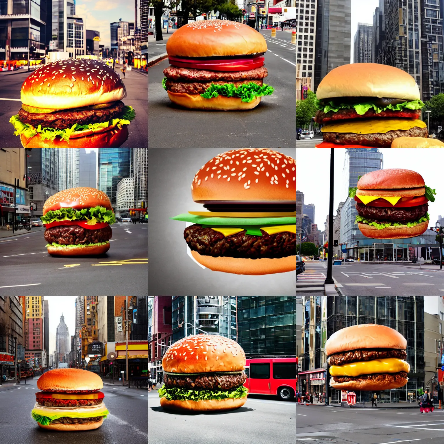 Prompt: a giant hamburger in a city
