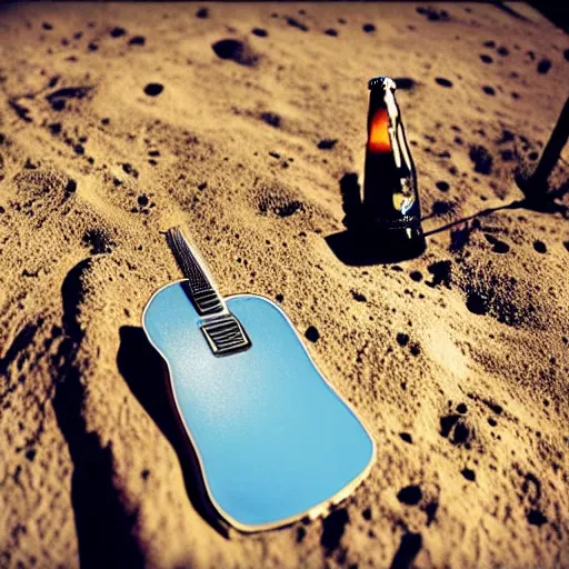 Image similar to a photo of a detailed, realistic, idle, regular sized electric guitar next to a beer can on the moon. detailed photo. realistic photo