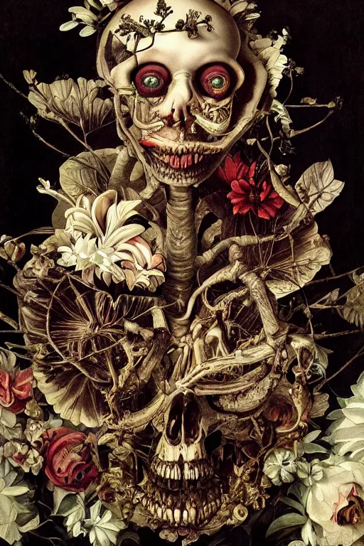 Image similar to Detailed maximalist portrait with large lips and with large, wide eyes, angry expression, extra bones, flesh, HD mixed media, 3D collage, highly detailed and intricate, surreal, botany, illustration in the style of Caravaggio, dark art, baroque