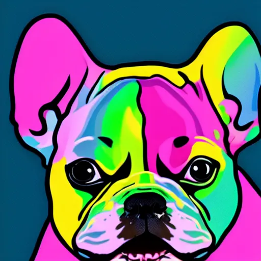 Image similar to rainbow excited smiling french bulldog using a computer. pop art.