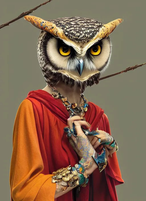 Image similar to an anthropomorphic beautiful goddess female wizard made of owl portrait holding a staff wearing colourful robe, fine art, award winning, intricate, elegant, sharp focus, octane render, hyperrealistic, cinematic lighting, highly detailed, digital painting, 8 k concept art, art by jamie hewlett and z. w. gu, masterpiece, trending on artstation, 8 k