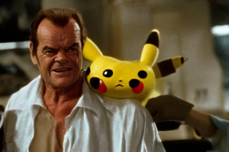 Image similar to Jack Nicholson plays Terminator Pikachu scene where his endoskeleton gets exposed still from the film