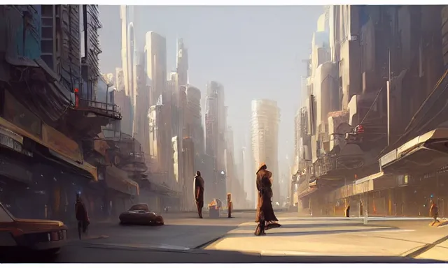 Prompt: A sci-fi digital concept art painting of a street-level view of a utopic art deco city, by greg rutkowski, trending on artstation, clear day, golden hour, highly detailed, matte painting