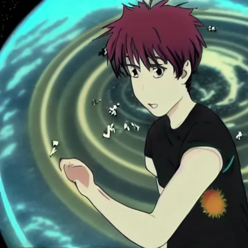 Prompt: anime of jacob collier on space touching saturn rings in space darkness