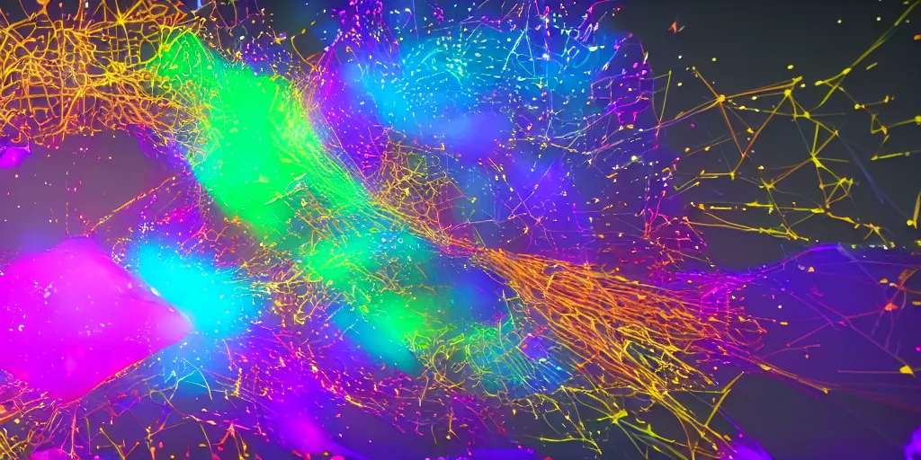 Image similar to particle simulation, magical, 3 d, bright colors, houdini simulation, redshift render