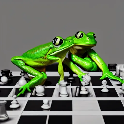 Image similar to hyperrealistic film still of two frogs playing chess stunning 3 d render, inspired by istvan sandorfi & greg rutkowski & unreal engine, perfect facial symmetry, dim volumetric cinematic lighting, 8 k octane comprehensive render, extremely hyper - detailed, incredibly lifelike attributes, intricate, real flesh texture, masterpiece, artstation, stunning,