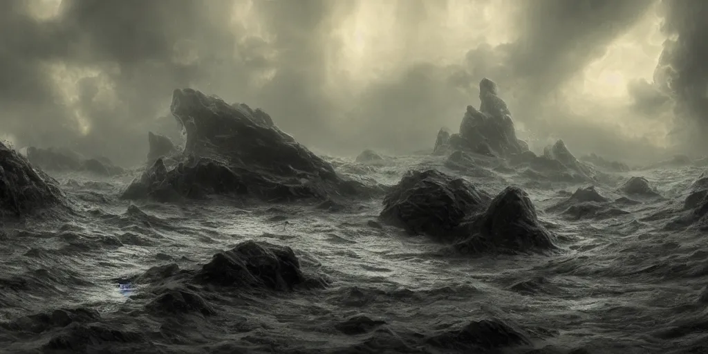 Image similar to photorealistic strange concept art of cthulhu emergin from the sea, by katrina van grouw and bruce mahalski. an epic landscape, with ominous storm clouds, a gentle rising mist. occult photorealism, uhd, amazing depth, glowing, golden ratio, 3 d octane cycle unreal engine 5, volumetric lighting, cinematic lighting, cgstation artstation concept art