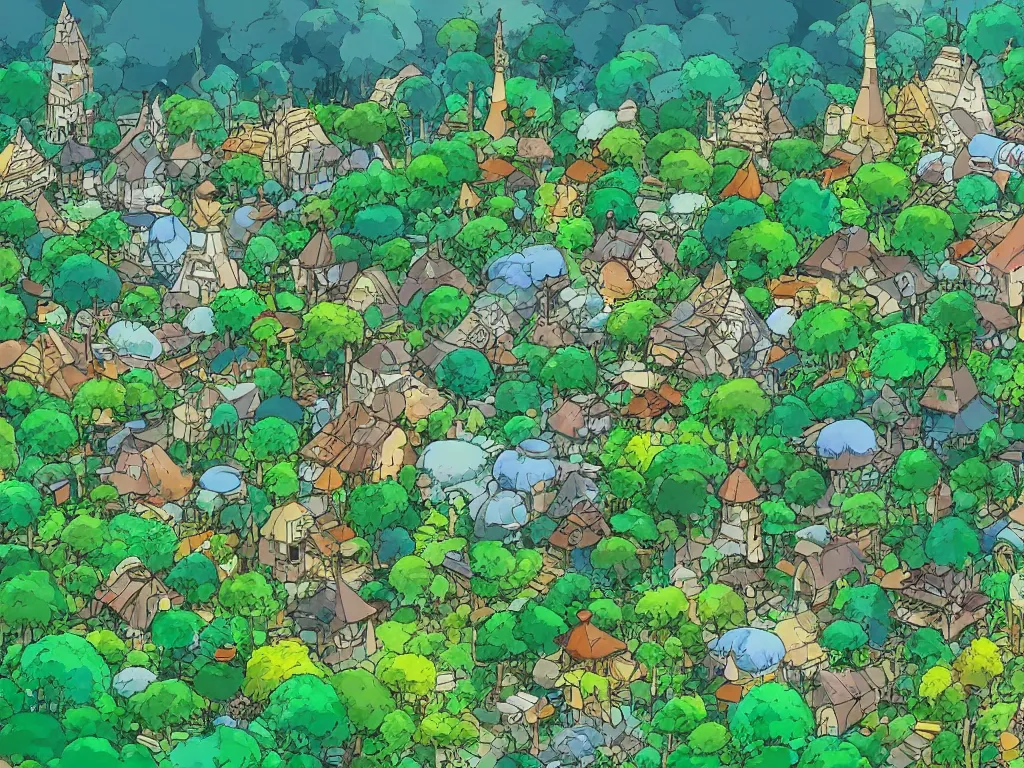 Image similar to a microscopic village in the deep jungle, studio ghibli, anime, flat colors, 8 k wallpaper, trending on artstation