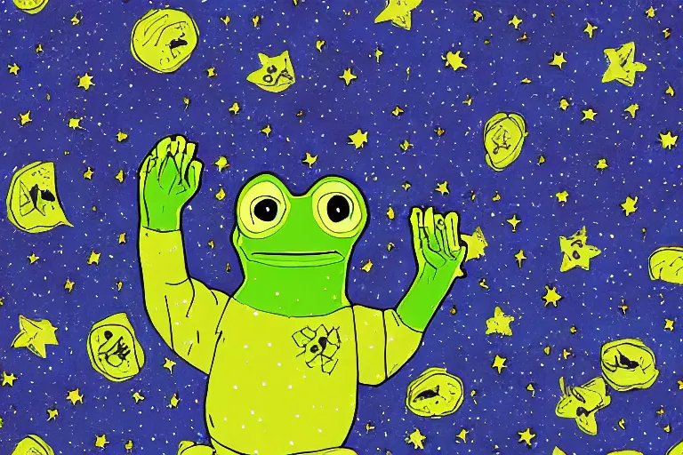 Prompt: night starry sky full of pepe the frog, by lous wain and and fernand toussaint