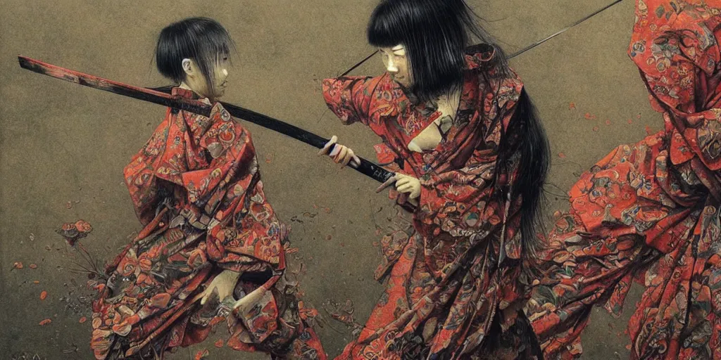 Image similar to Japanese schoolgirl runs away from Samurai with a katana on the subway, high detailed Beksinski painting, part by Adrian Ghenie and Gerhard Richter. art by Takato Yamamoto. masterpiece