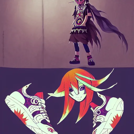 Image similar to sneaker design, astec mayan street fashion native punk shoe design, majora's mask, wearing wooden mask, ship hop sneaker design with subtle mayan patterns, gapmoe yandere grimdark, trending on pixiv fanbox, painted by greg rutkowski makoto shinkai takashi takeuchi studio ghibli, akihiko yoshida