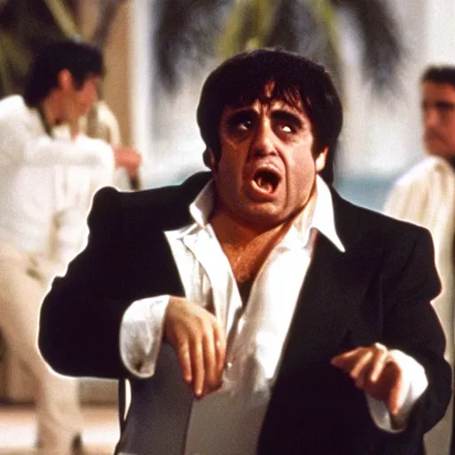 Prompt: film still of Danny DeVito as Tony Montana in Scarface