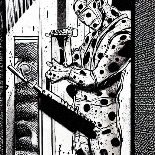 Image similar to close-up scene neighbor holding a drill and drilling holes in a room, all wall is drilled with holes, manga, professional manga artwork, very detailed, black and white manga horror in style of junji ito, kentaro miura, Tsutomu Nihei