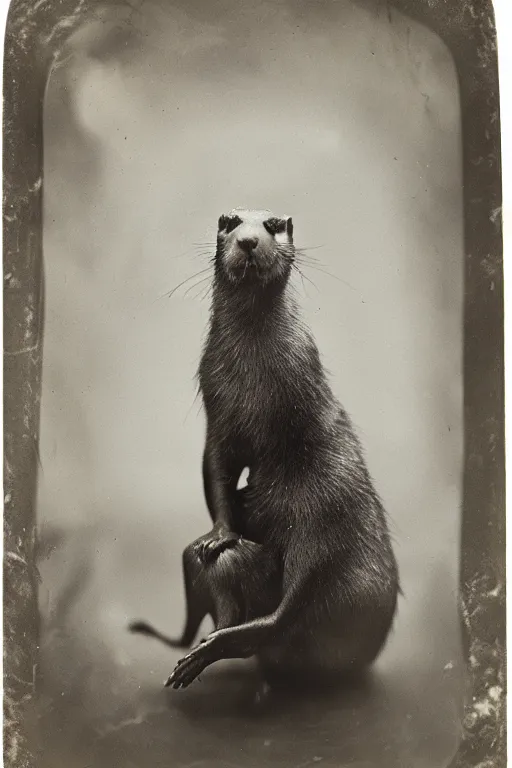 Image similar to a wet plate photo of a weasel monk