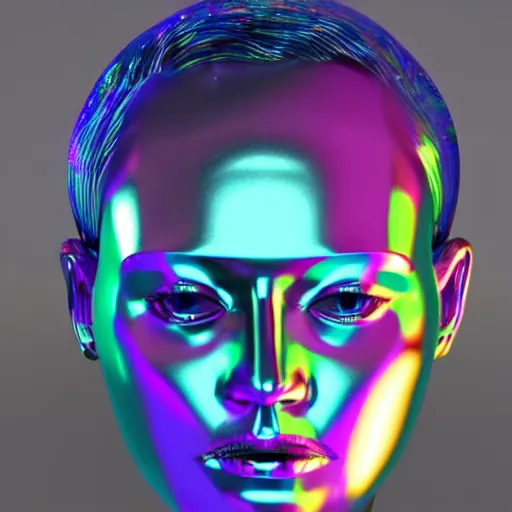 Image similar to 3d render of holographic human robotic head made of glossy iridescent, surrealistic 3d illustration of a human face non-binary, non binary model, 3d model human, cryengine, made of holographic texture, holographic material, holographic rainbow, concept of cyborg and artificial intelligence