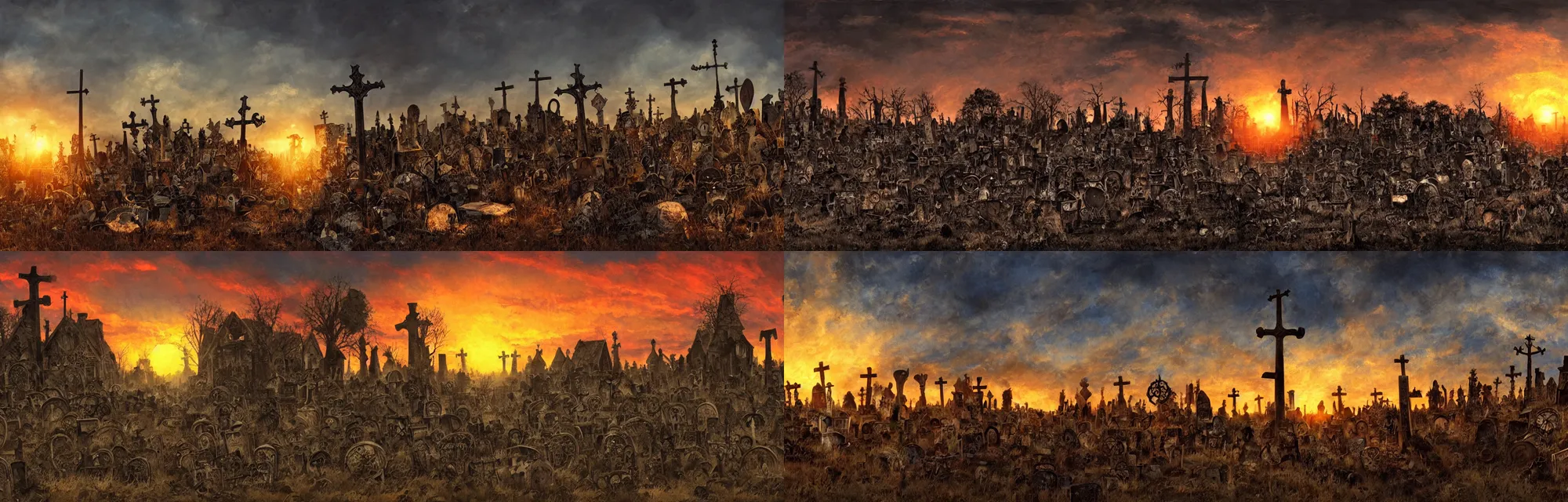 Prompt: souls graveyard with backlight , sunset , big sun on right , moody panorama by frazetta