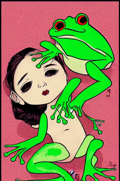 Image similar to frog prince kiss girl, realistic, art by tafy laplanche, colored by zeng fanzhi