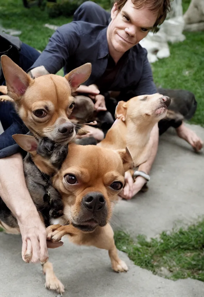 Prompt: Michael C. Hall petting a Chihuahua, cute, beautiful, nature, award winning, photography, National Geographic, Michael C. Hall, f2.8 lens, portrait