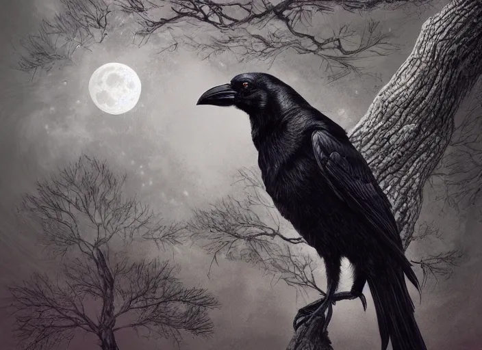 Image similar to a hyper-detailed fantasy wallpaper book cover, portrait of a crow on a tree in front of the full big moon; an extraordinary masterpiece!!!; flawless; proud posture; photorealistic eyes; trending on artstation; f/1.4; 90mm