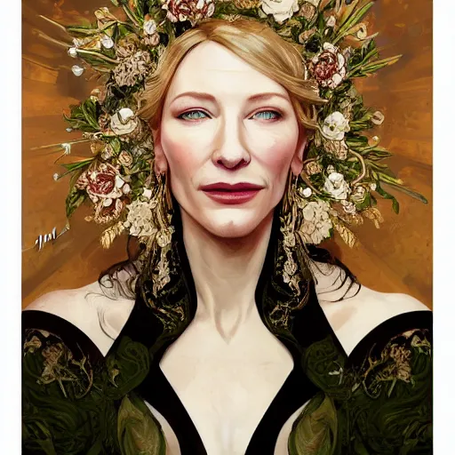 Image similar to Portrait of cate blanchett wearing a floral crown, olive skin, long dark hair, beautiful bone structure, shiny gold background, intricate, elegant, highly detailed, digital painting, artstation, concept art, smooth, sharp focus, illustration, art by artgerm and greg rutkowski and alphonse mucha