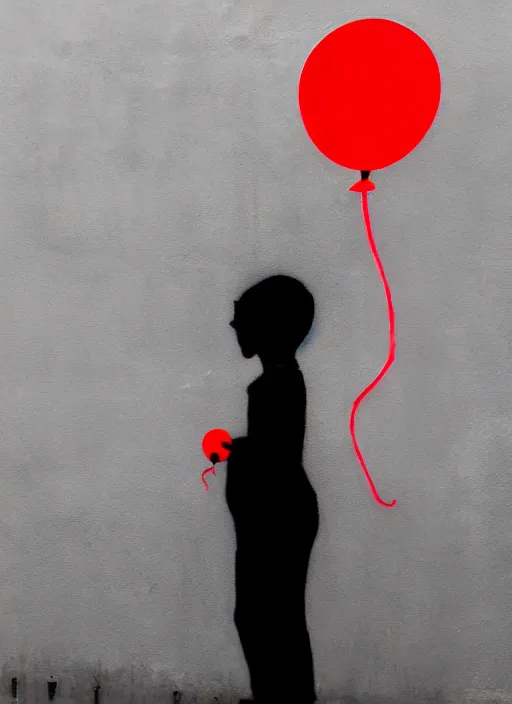 Prompt: a side profile of a black and white boy holding a single red balloon on a white concrete background in the style of Banksy, graffiti, digital art