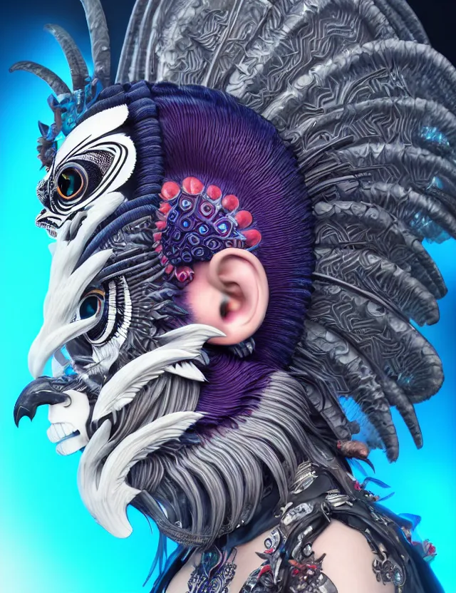 Image similar to 3 d goddess close - up profile portrait punk with mohawk with ram skull. beautiful intricately detailed japanese crow kitsune mask and clasical japanese kimono. betta fish, jellyfish phoenix, bio luminescent, plasma, ice, water, wind, creature, artwork by tooth wu and wlop and beeple and greg rutkowski