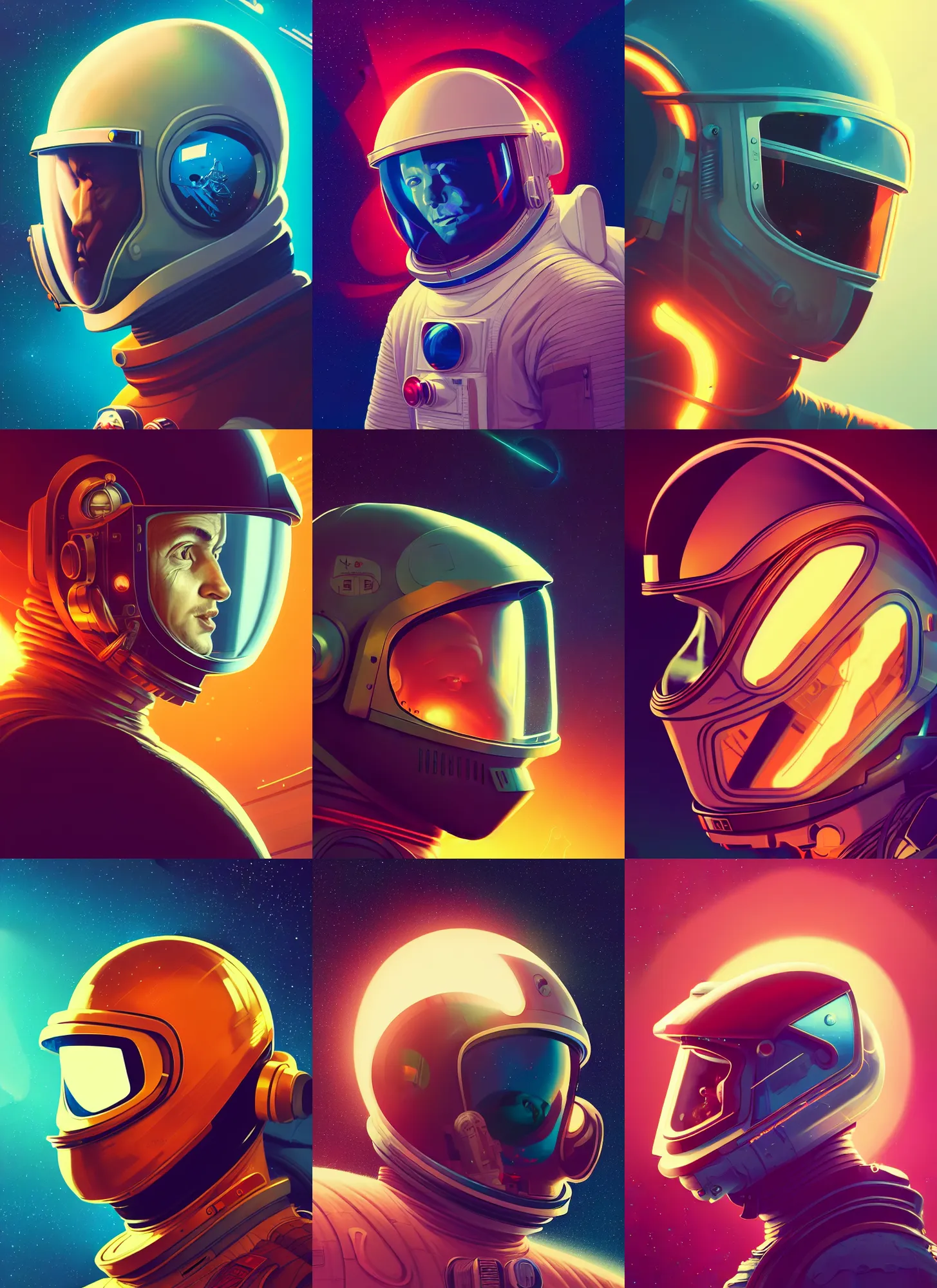 Prompt: retrofuturistic portrait of a man in profile in astronaut helmet, space graphics art in background, close up, wlop, dan mumford, artgerm, liam brazier, peter mohrbacher, 8 k, raw, featured in artstation, octane render, cinematic, elegant, intricate, 8 k