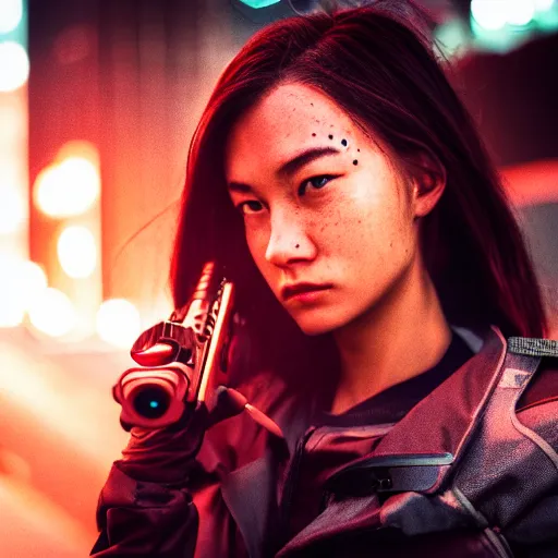 Image similar to cinestill 5 0 d candid photographic portrait of a techwear woman holding a gun on the rooftop of a futuristic city at night, closeup, modern cyberpunk moody emotional cinematic, clear skies, 8 k, hd, high resolution, 3 5 mm, f / 3 2, ultra realistic faces, ex machina