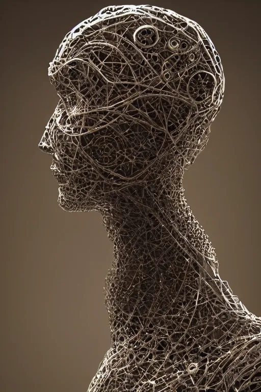 Prompt: a melancholic realistic 8k Sculpture of a complex robotic human face, liquid simulation, dramatic lighting, silver gold red details, hexagonal mesh wire, filigree intricate details, cinematic, fleshy musculature, white blossoms, elegant, octane render, art nouveau, 8k post-processing, intricate artwork by peter mohrbacher