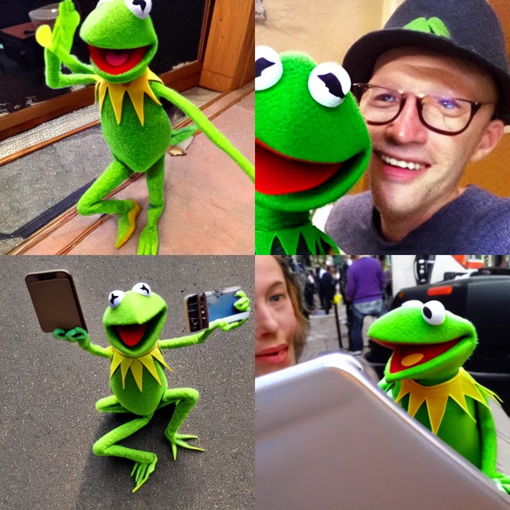 Prompt: kermit the frog taking a selfie