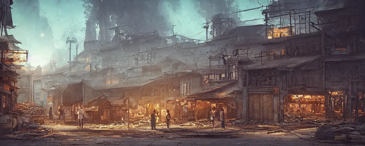 Image similar to “The eerie, forlorn atmosphere of a marketplace that is usually bustling with people but is now destroyed by wildfire in the style of studio ghibli, fantasy book illustration 8k movie poster, cinematic composition, ultra detailed, HDR shot”