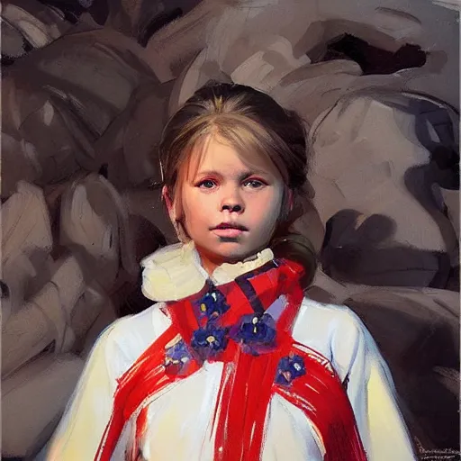 Prompt: greg manchess portrait painting of young norwegian girl in traditional bunad costume in a dark cave, medium shot, asymmetrical, profile picture, organic painting, dark moody, matte painting, bold shapes, hard edges, expressive, trending on artstation, by huang guangjian and gil elvgren and sachin teng and theodor kittelsenn