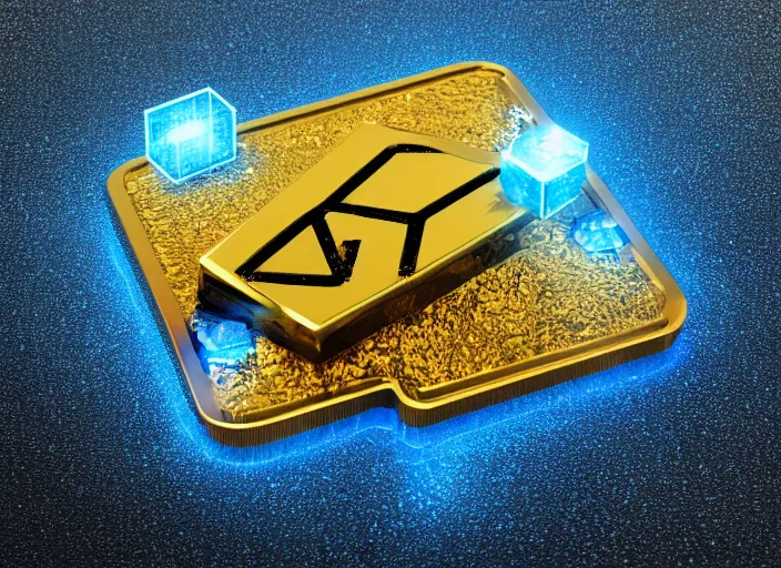 Prompt: render of a single flat square magic golden computer chip with runes and a glowing blue crystal in the center, mana flowing around it and smoke on a flat background, product photo, macro, dynamic composition, hyperrealism, octane render, trending on artstation, unreal engine 5, 4 k, 8 k