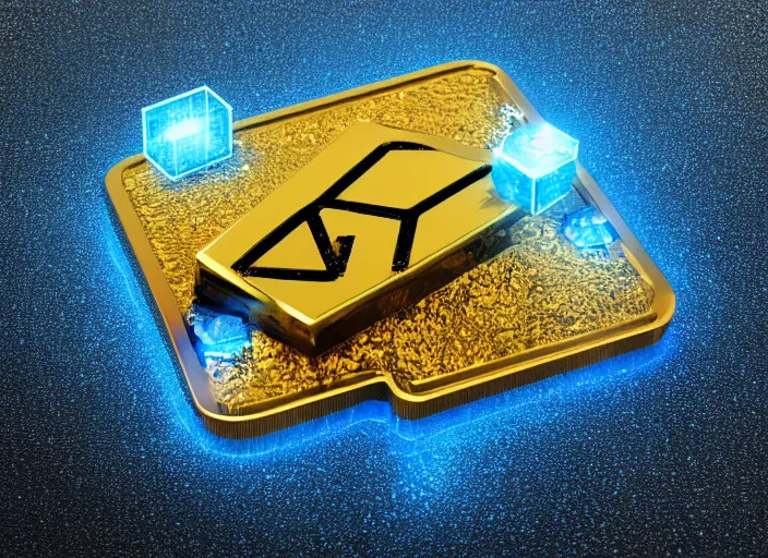 Image similar to render of a single flat square magic golden computer chip with runes and a glowing blue crystal in the center, mana flowing around it and smoke on a flat background, product photo, macro, dynamic composition, hyperrealism, octane render, trending on artstation, unreal engine 5, 4 k, 8 k