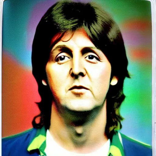 Prompt: Colored Colorized Polaroid Portrait of a younger 1970s 35 year old Paul McCartney, taken in the 1970s, photo taken on a 1970s polaroid camera, grainy, real life, hyperrealistic, ultra realistic, realistic, highly detailed, epic, HD quality, 8k resolution, body and headshot, film still, front facing, front view, headshot and bodyshot, detailed face, very detailed face, by Andy Warhol