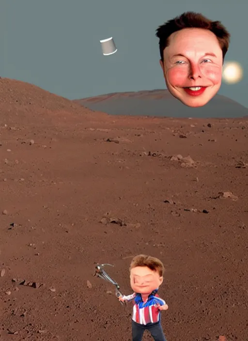 Image similar to big headed child elon mask on mars holding a small toy rocket