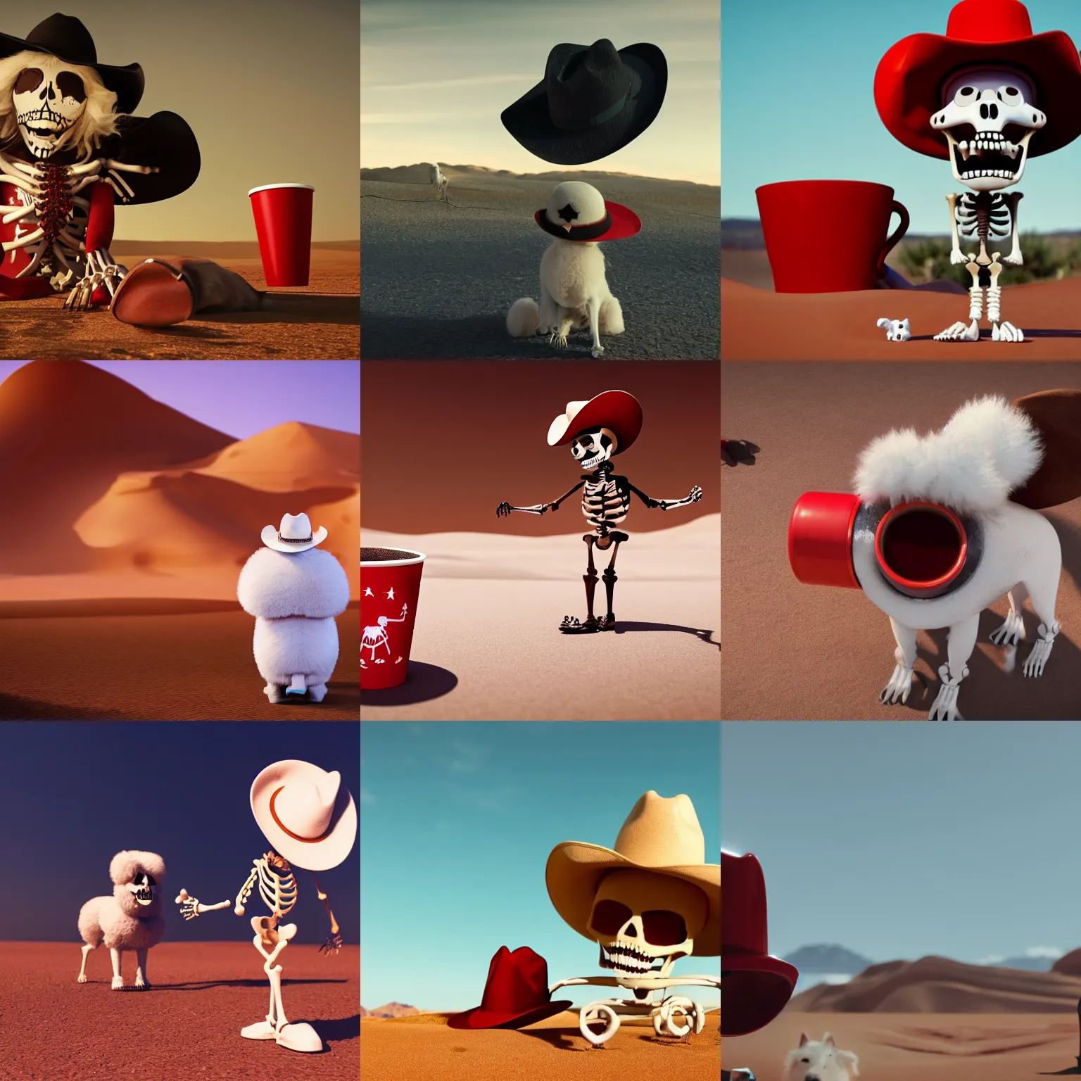 Prompt: a cartoon skeleton in a cowboy hat standing in the desert and yelling at a cute white fluffy dog that is sitting inside of a red coffee cup. octane render. trending. cinematic. epic. highly detailed. 8 k