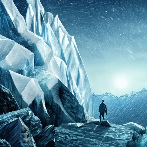 Image similar to epic masterpiece of confrontation between man and diamond mountain spirit Antarctica, gift of birth, origin mythos, astounding beauty, cinematic, establishing shot, extremely high detail, photorealistic, cinematic lighting, intricate line drawings, 8k resolution