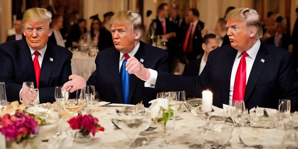 Image similar to donald trump having romantic dinner with angela merkel, romantic, moonlight background