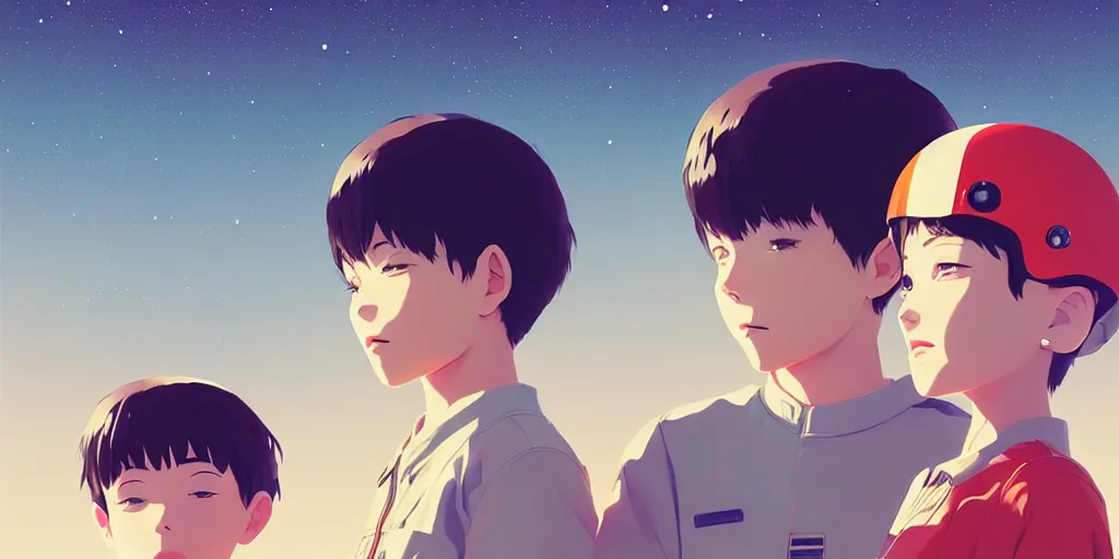 Prompt: 3 d portrait of boy and girl with astronaut helmets by ilya kuvshinov, cloudy sky background lush landscape ln illustration concept art anime key visual trending pixiv by victo ngai fanbox by greg rutkowski makoto shinkai takashi takeuchi studio ghibli